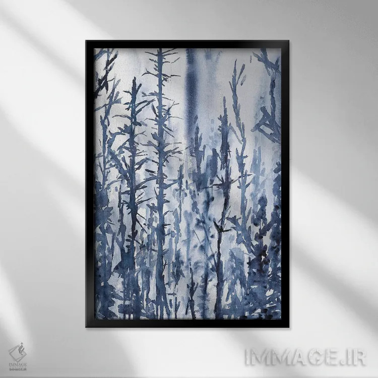 تابلو درختان مرموز آبی، منظرهٔ آبرنگ اثر آنا اوز - نمای قابدار مشکی