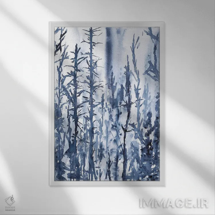 تابلو درختان مرموز آبی، منظرهٔ آبرنگ اثر آنا اوز - نمای قابدار سفید