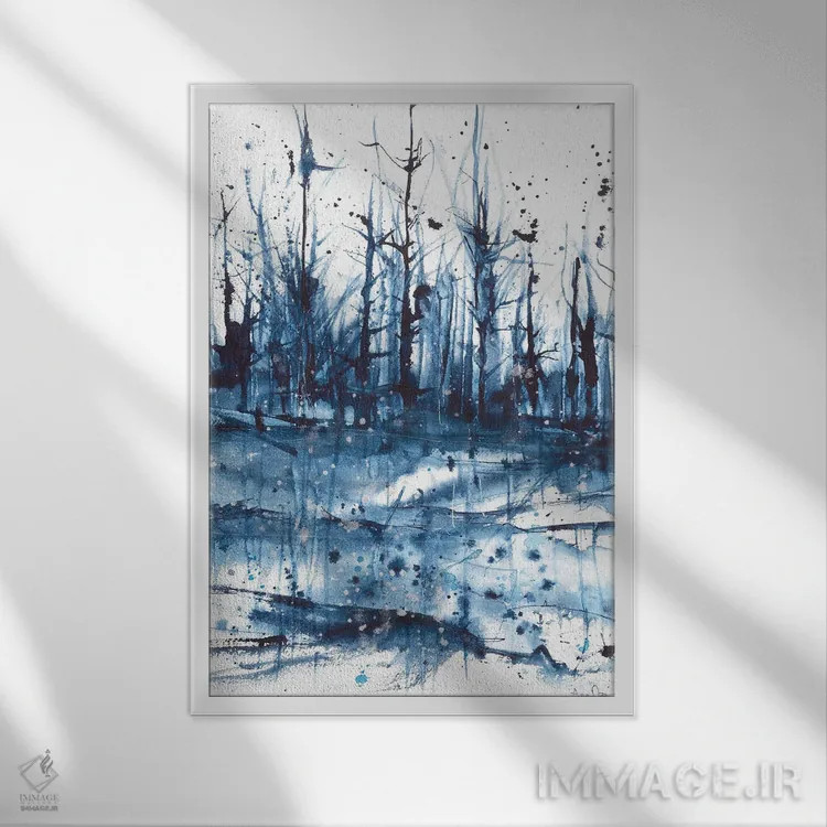 تابلو منظرهٔ انتزاعی آبی اثر آنا اوز - نمای قابدار سفید