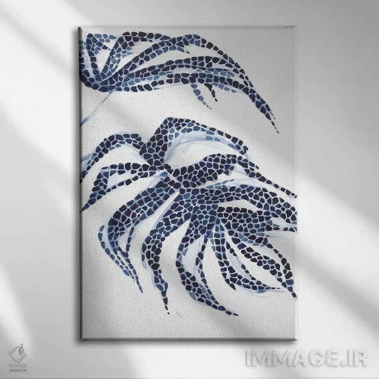 تابلو مونسترا آبی انتزاعی (گیاه زینتی) اثر آنا اوز - نمای روبهرو روی دیوار