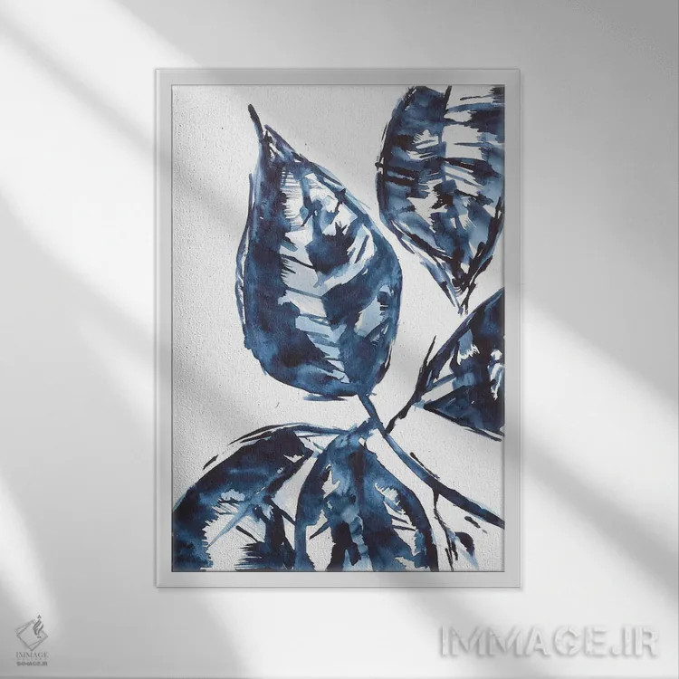 تابلو برگهای آبی اثر آنا اوز - نمای قابدار سفید