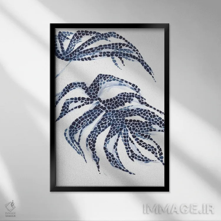 تابلو مونسترا آبی انتزاعی (گیاه زینتی) اثر آنا اوز - نمای قابدار مشکی