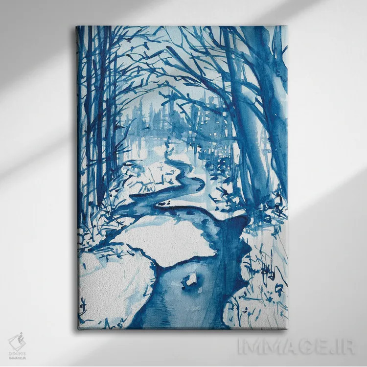 تابلو جویبار زمستانی برفی (آبرنگ) اثر آنا اوز - نمای روبهرو روی دیوار