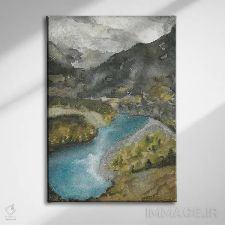 تابلو دریاچهٔ آبی در کوهستان اثر آنا اوز - نمای روبهرو روی دیوار