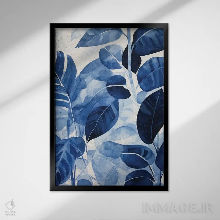 تابلو برگهای آبی تیره اثر آنا اوز - نمای قابدار مشکی