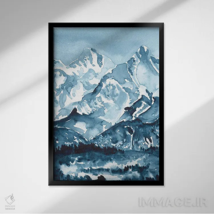 تابلو کوههای آبی (آبرنگ) اثر آنا اوز - نمای قابدار مشکی