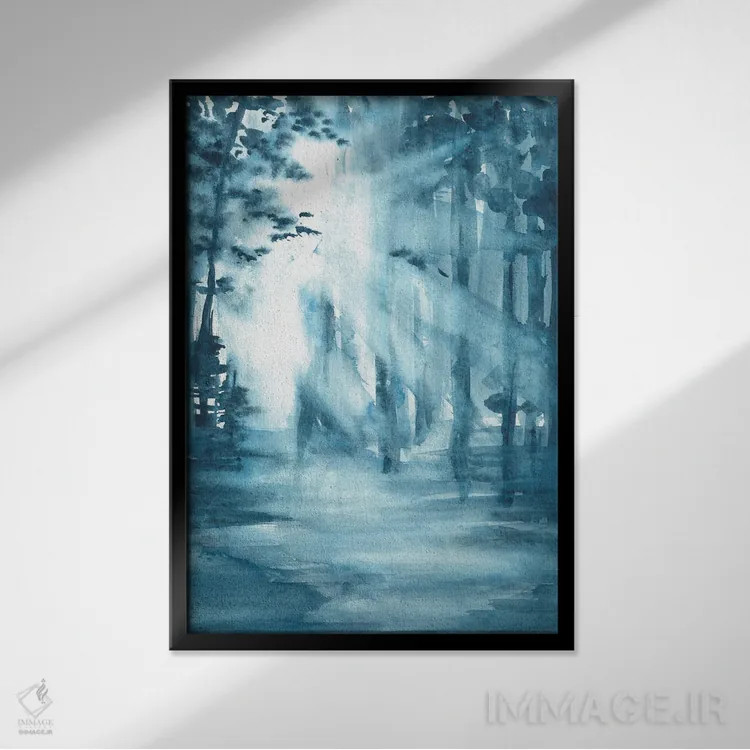 تابلو جنگل آبی صبحگاهی اثر آنا اوز - نمای قابدار مشکی