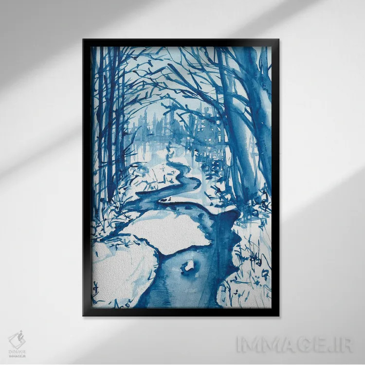 تابلو جویبار زمستانی برفی (آبرنگ) اثر آنا اوز - نمای قابدار مشکی