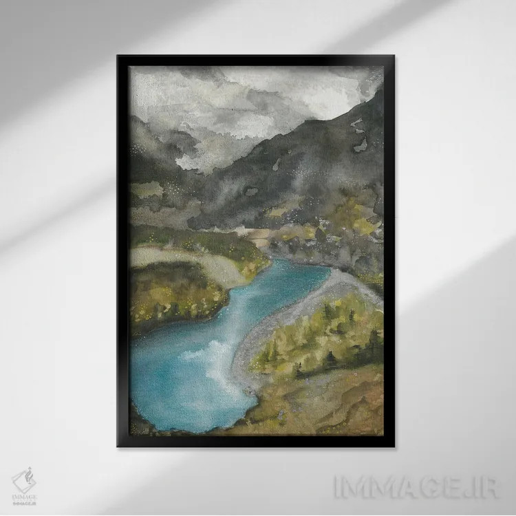 تابلو دریاچهٔ آبی در کوهستان اثر آنا اوز - نمای قابدار مشکی