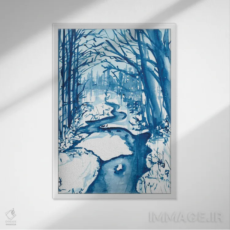 تابلو جویبار زمستانی برفی (آبرنگ) اثر آنا اوز - نمای قابدار سفید
