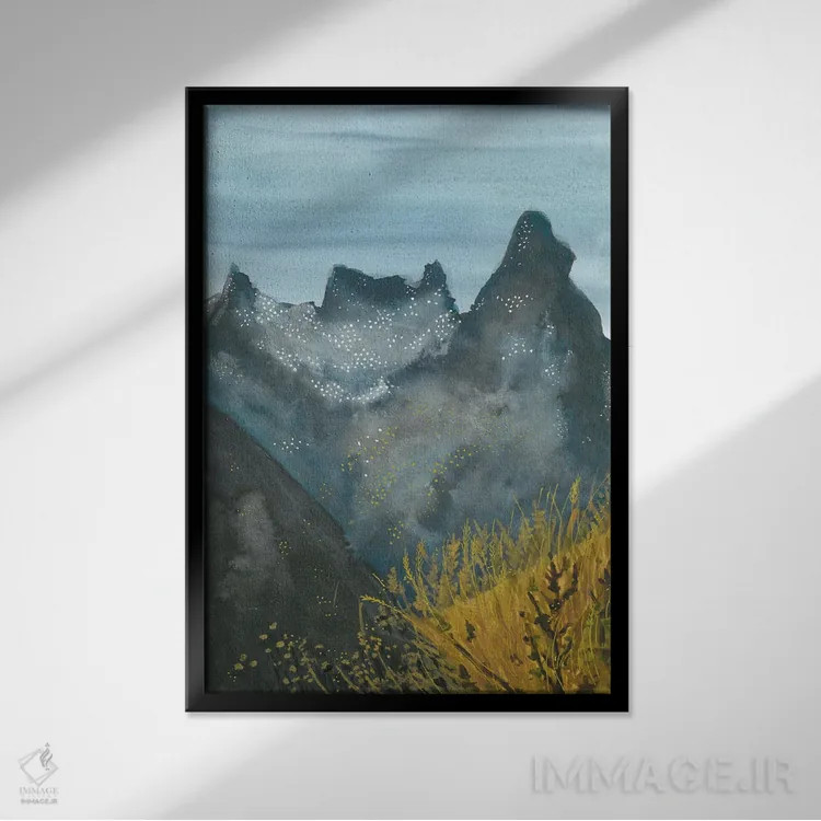 تابلو کوههای برفی آبی (آبرنگ) اثر آنا اوز - نمای قابدار مشکی