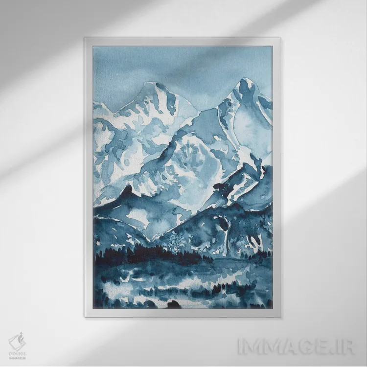 تابلو کوههای آبی (آبرنگ) اثر آنا اوز - نمای قابدار سفید