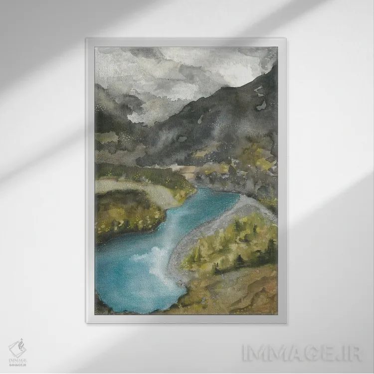 تابلو دریاچهٔ آبی در کوهستان اثر آنا اوز - نمای قابدار سفید