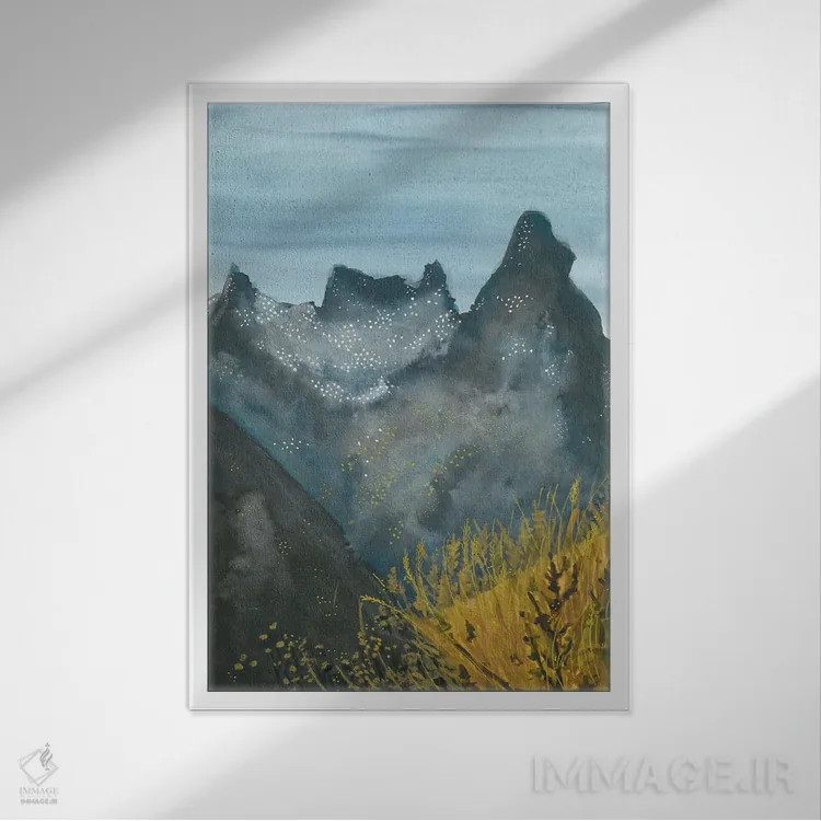 تابلو کوههای برفی آبی (آبرنگ) اثر آنا اوز - نمای قابدار سفید