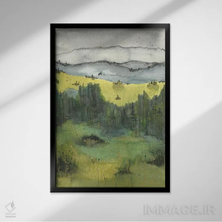 تابلو منظرهٔ سبز (آبرنگ)، کوههای آبی اثر آنا اوز - نمای قابدار مشکی