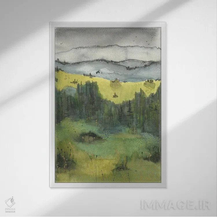 تابلو منظرهٔ سبز (آبرنگ)، کوههای آبی اثر آنا اوز - نمای قابدار سفید