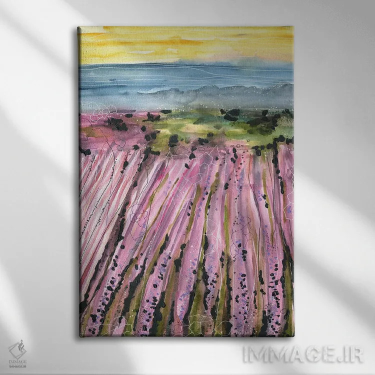 تابلو مزارع اسطوخودوس بنفش (آبرنگ) اثر آنا اوز - نمای روبهرو روی دیوار