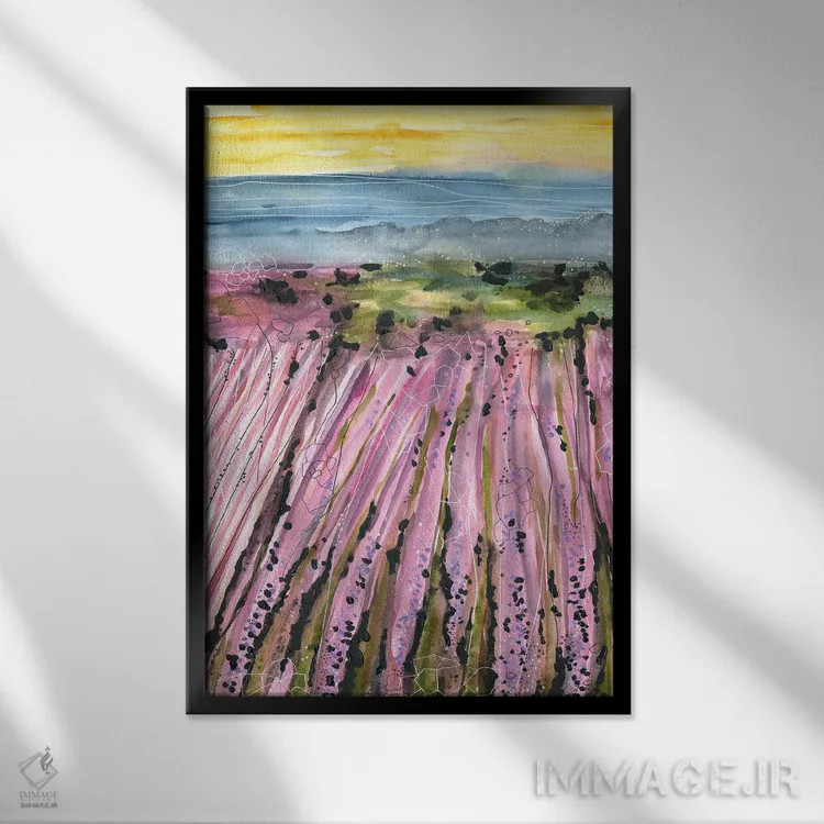 تابلو مزارع اسطوخودوس بنفش (آبرنگ) اثر آنا اوز - نمای قابدار مشکی