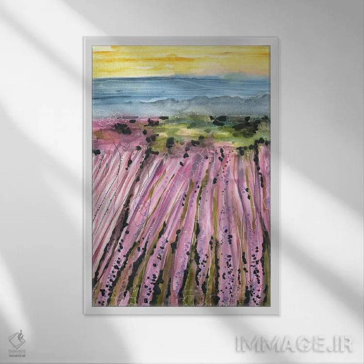 تابلو مزارع اسطوخودوس بنفش (آبرنگ) اثر آنا اوز - نمای قابدار سفید