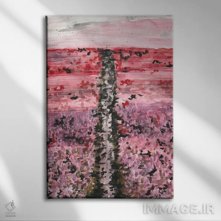 تابلو دشت گلهای صورتی، منظره آبرنگ اثر آنا اوز - نمای روبهرو روی دیوار