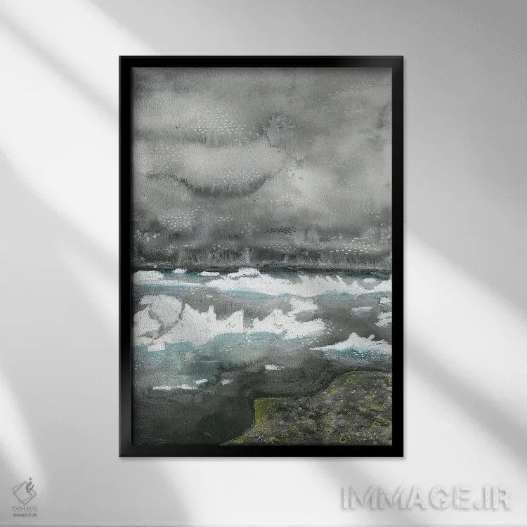 تابلو منظرهٔ یخی خاکستری ایسلند (آبرنگ) اثر آنا اوز - نمای قابدار مشکی