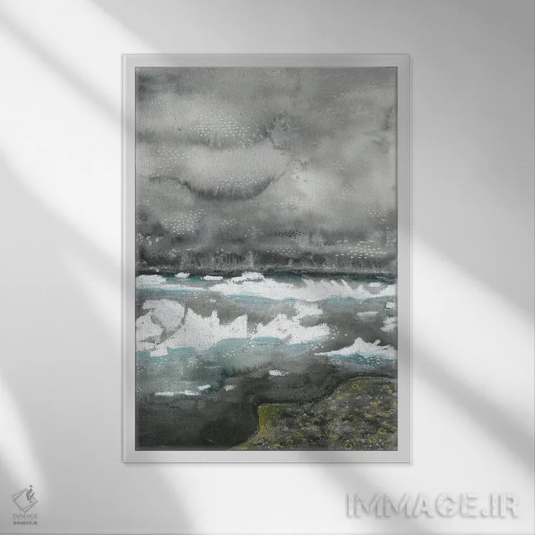 تابلو منظرهٔ یخی خاکستری ایسلند (آبرنگ) اثر آنا اوز - نمای قابدار سفید