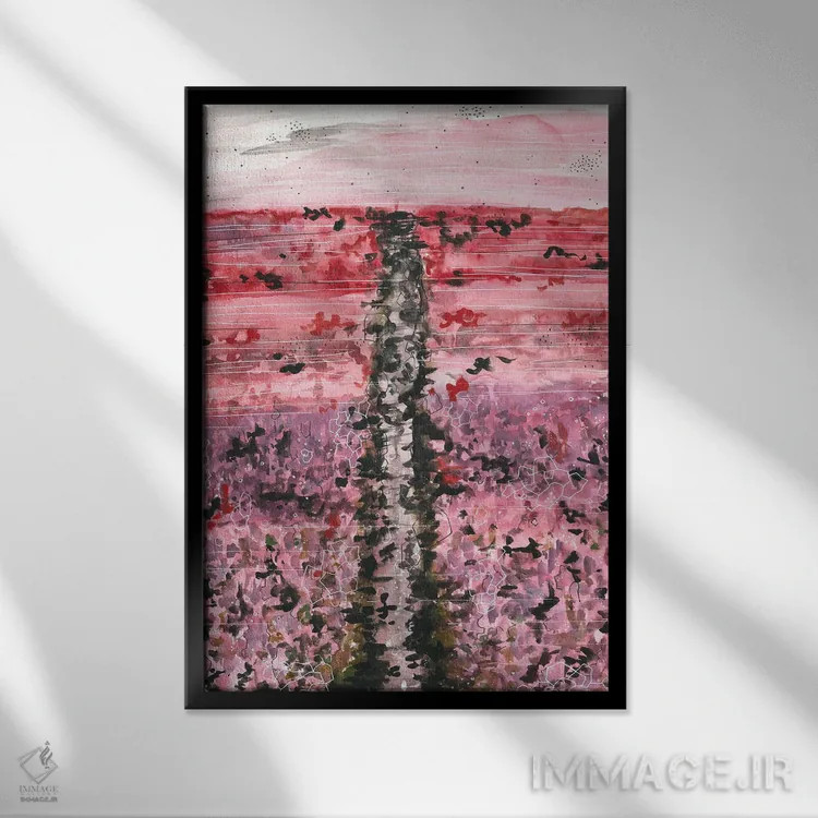 تابلو دشت گلهای صورتی، منظره آبرنگ اثر آنا اوز - نمای قابدار مشکی