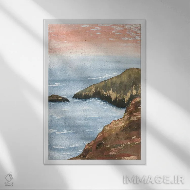 تابلو کوههای طلایی هنگام غروب صورتی اثر آنا اوز - نمای قابدار سفید