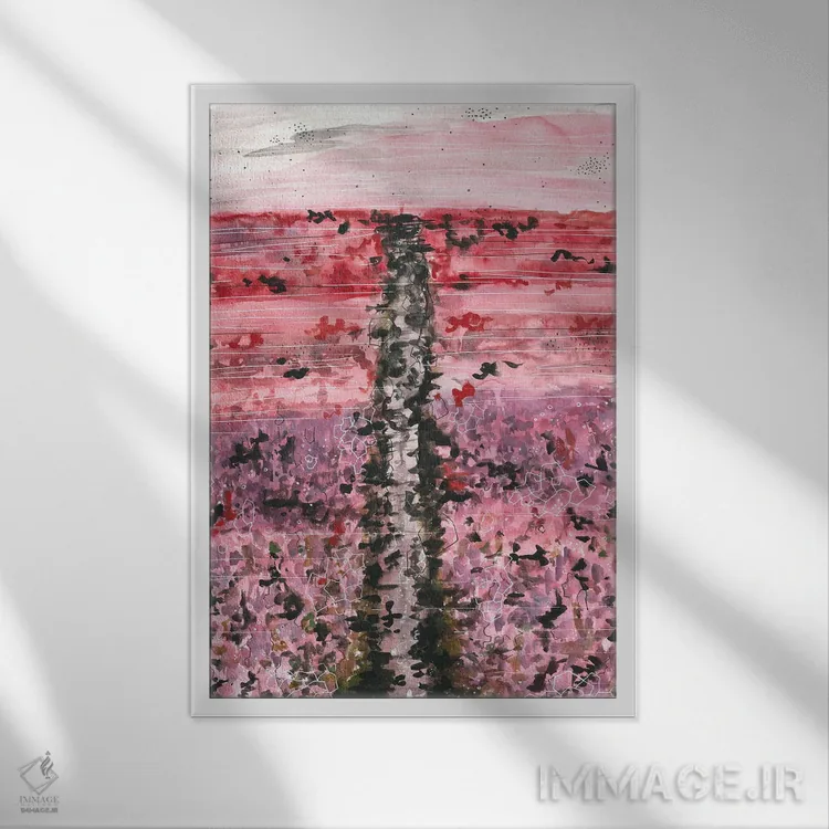 تابلو دشت گلهای صورتی، منظره آبرنگ اثر آنا اوز - نمای قابدار سفید