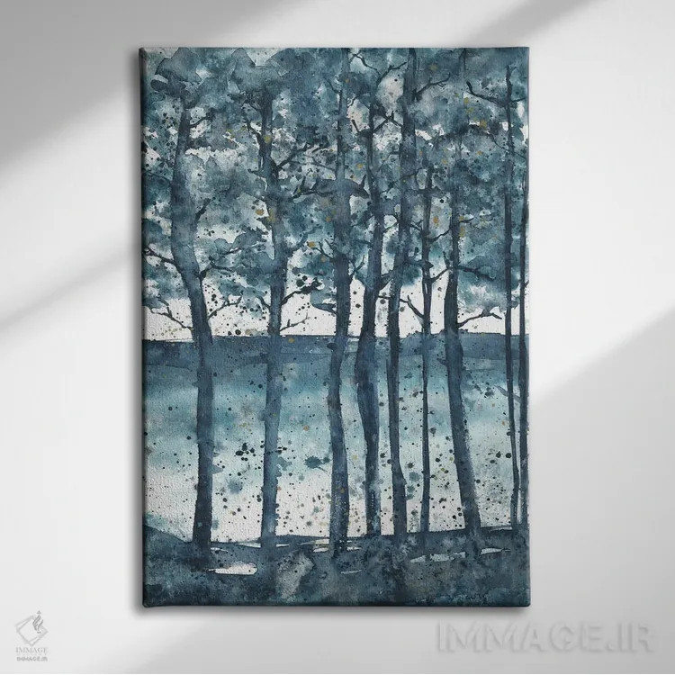 تابلو درختان آبی انتزاعی در غروب اثر آنا اوز - نمای روبهرو روی دیوار