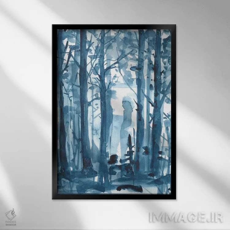 تابلو جنگل مهآلود آبی با آبرنگ اثر آنا اوز - نمای قابدار مشکی