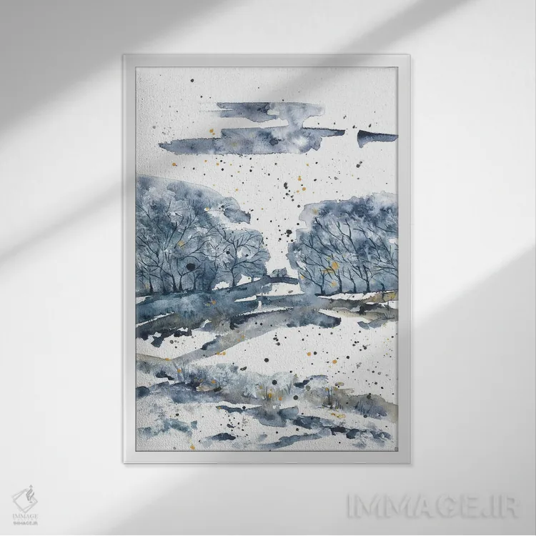 تابلو جنگل آبی با آبرنگ اثر آنا اوز - نمای قابدار سفید