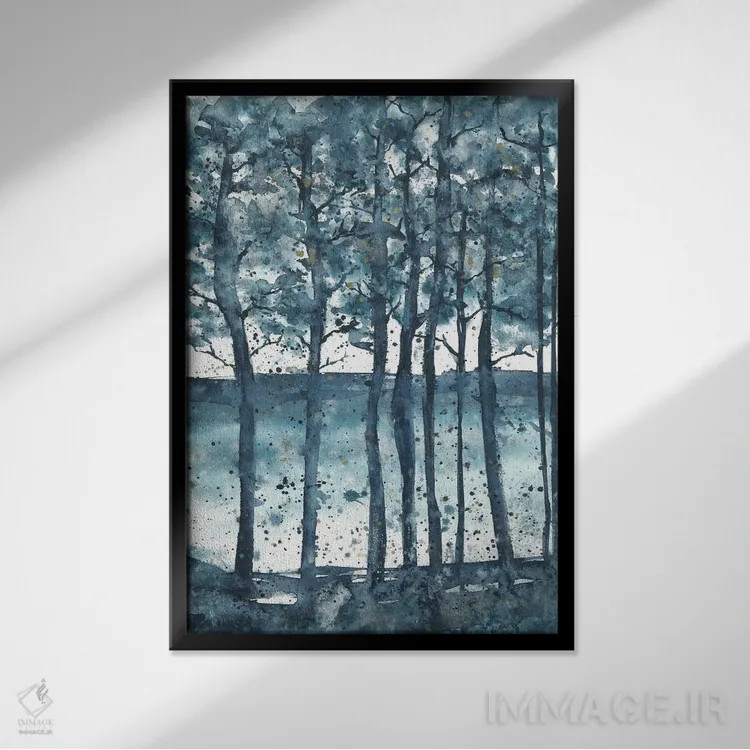 تابلو درختان آبی انتزاعی در غروب اثر آنا اوز - نمای قابدار مشکی