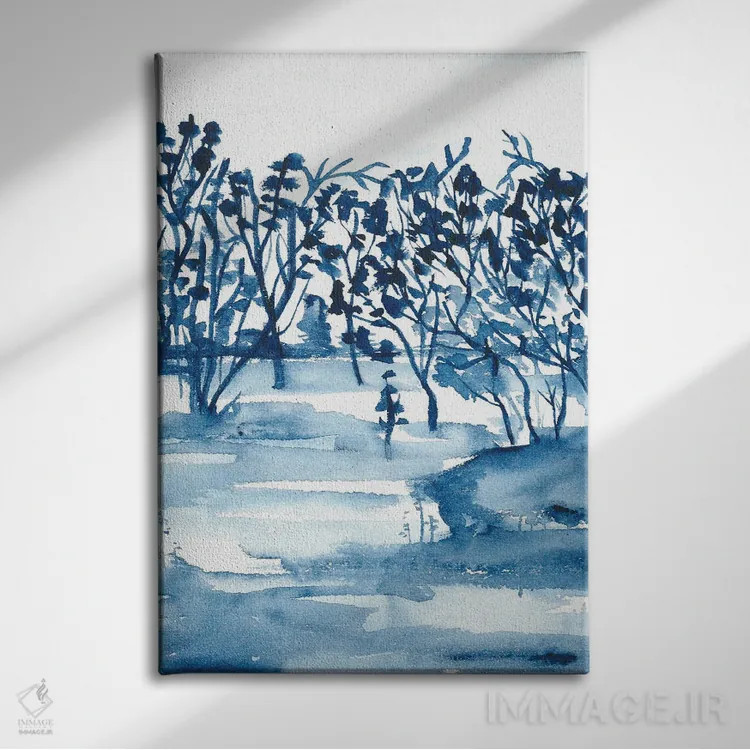 تابلو آبی روشن با آبرنگ اثر آنا اوز - نمای روبهرو روی دیوار