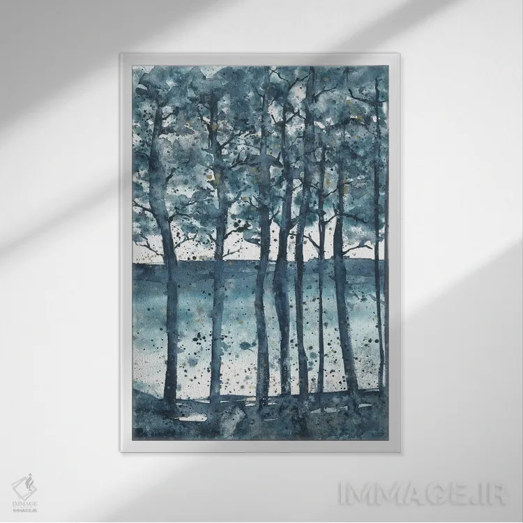 تابلو درختان آبی انتزاعی در غروب اثر آنا اوز - نمای قابدار سفید