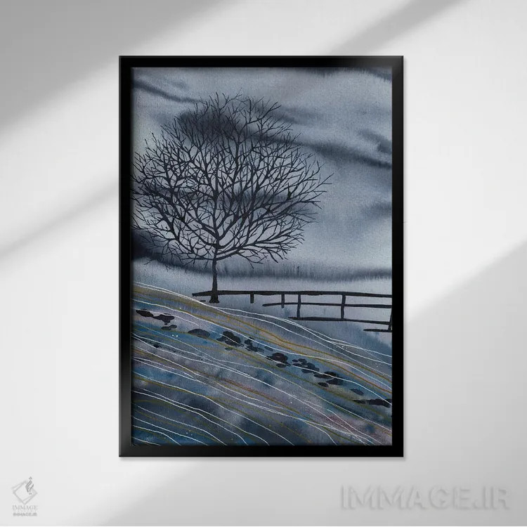 تابلو منظره آبی زمستانی با درخت اثر آنا اوز - نمای قابدار مشکی