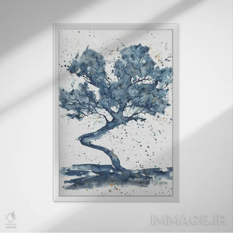 تابلو درخت بزرگ انتزاعی آبی اثر آنا اوز - نمای قابدار سفید