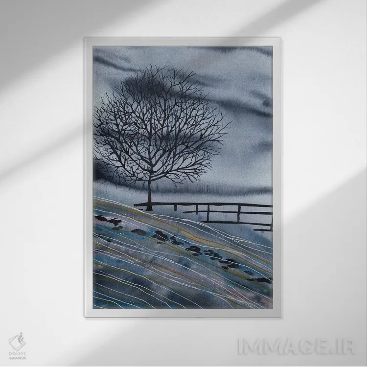 تابلو منظره آبی زمستانی با درخت اثر آنا اوز - نمای قابدار سفید