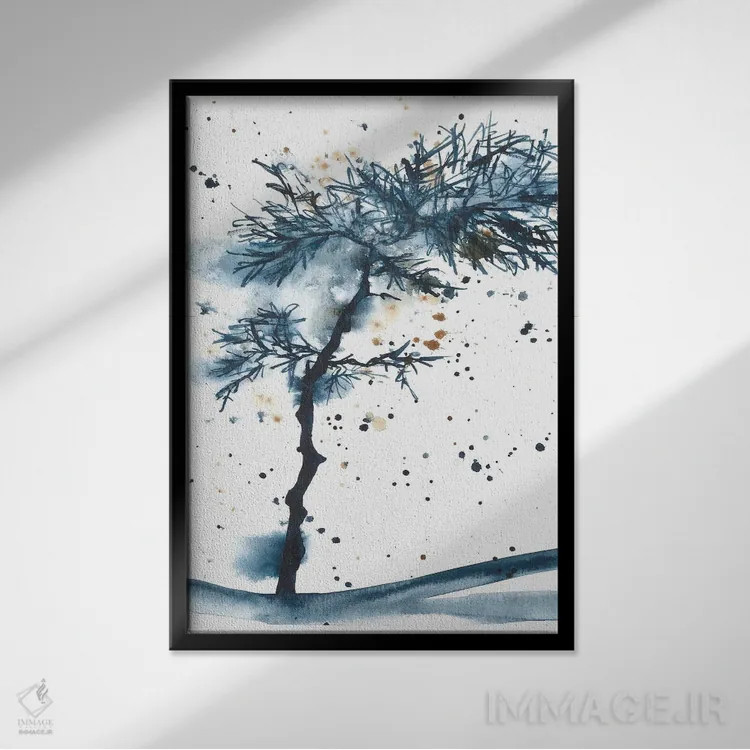تابلو درخت آبی انتزاعی، منظره آبرنگ اثر آنا اوز - نمای قابدار مشکی