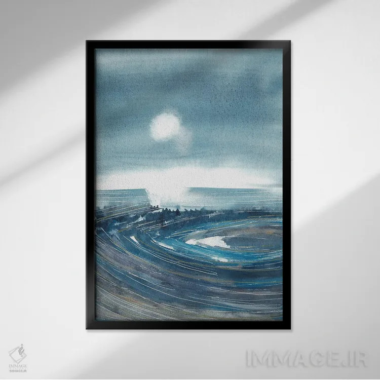 تابلو بازتاب در دریاچه، منظره آبی اثر آنا اوز - نمای قابدار مشکی