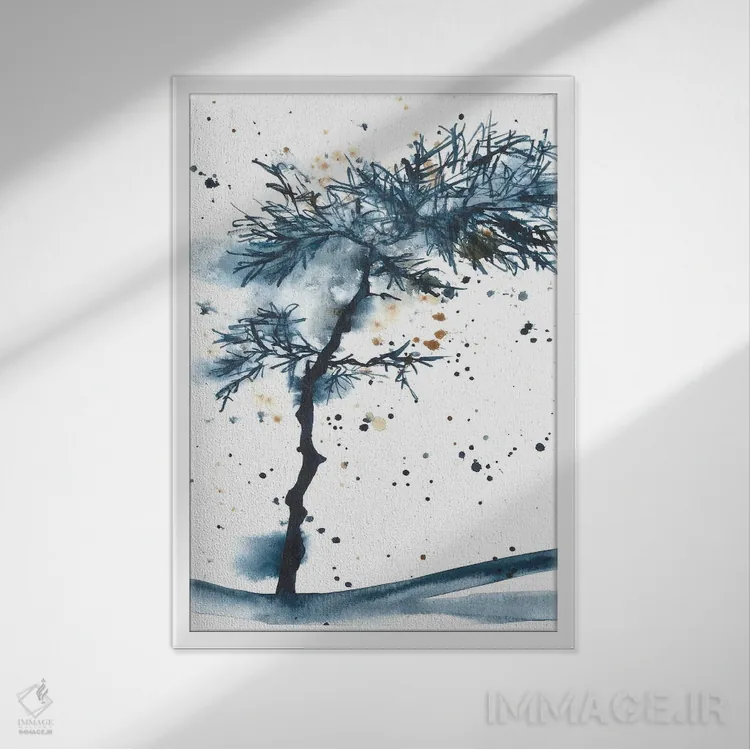 تابلو درخت آبی انتزاعی، منظره آبرنگ اثر آنا اوز - نمای قابدار سفید
