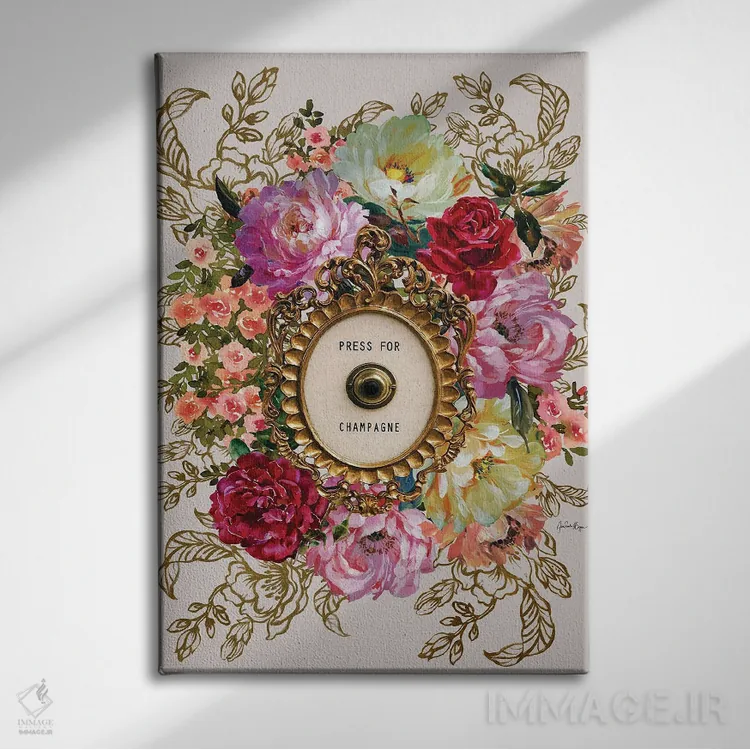 تابلو دکمه فشار برای شامپاین (شعار/مفهوم) اثر آنا پائولا هوپه - نمای روبهرو روی دیوار