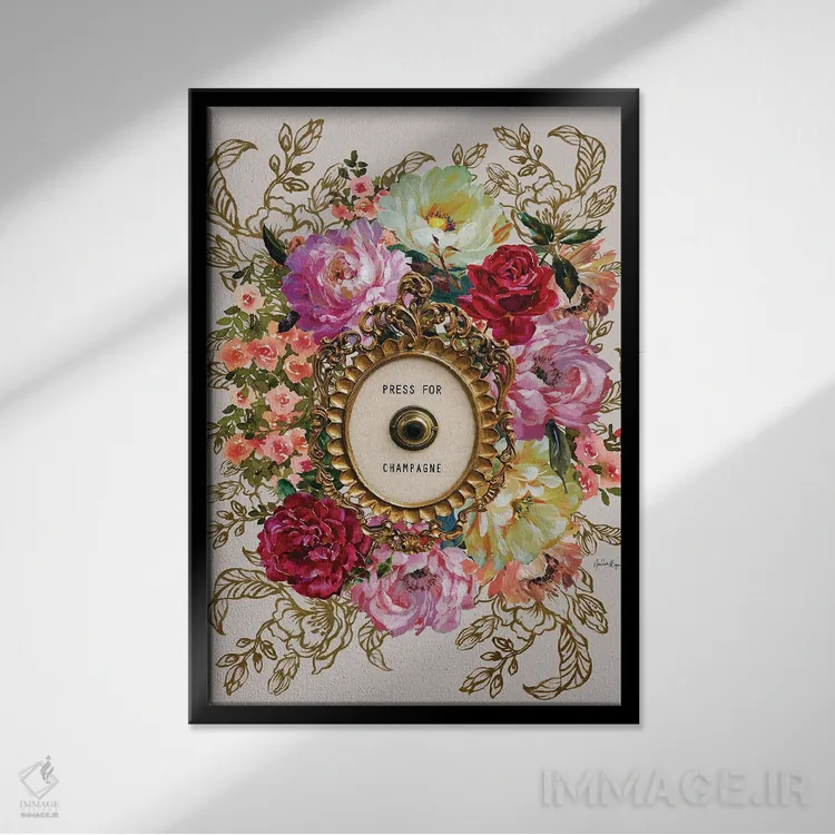 تابلو دکمه فشار برای شامپاین (شعار/مفهوم) اثر آنا پائولا هوپه - نمای قابدار مشکی