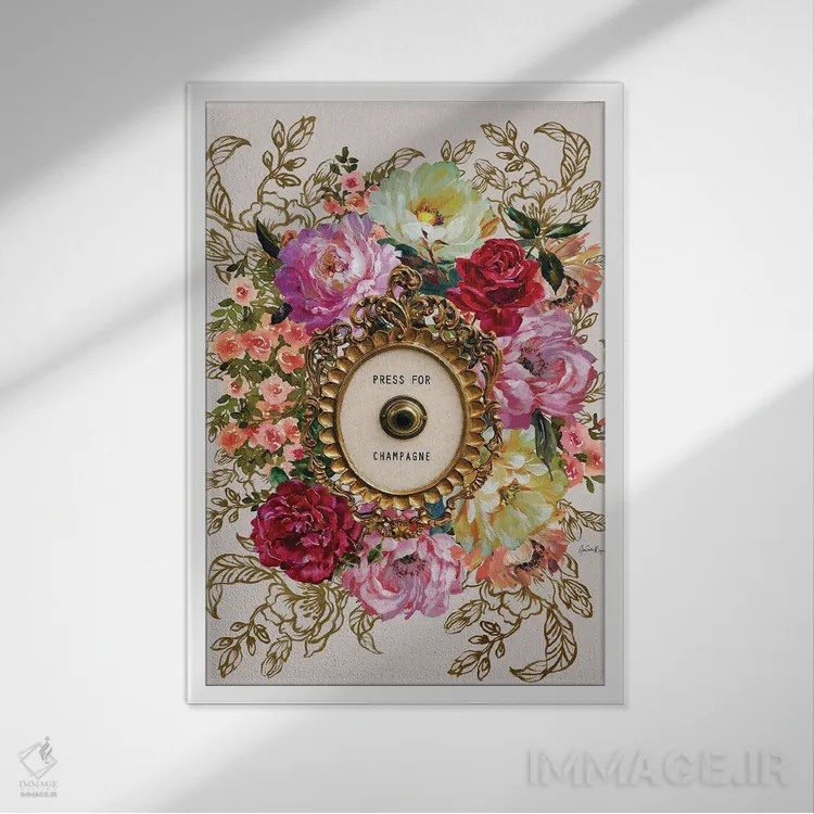 تابلو دکمه فشار برای شامپاین (شعار/مفهوم) اثر آنا پائولا هوپه - نمای قابدار سفید