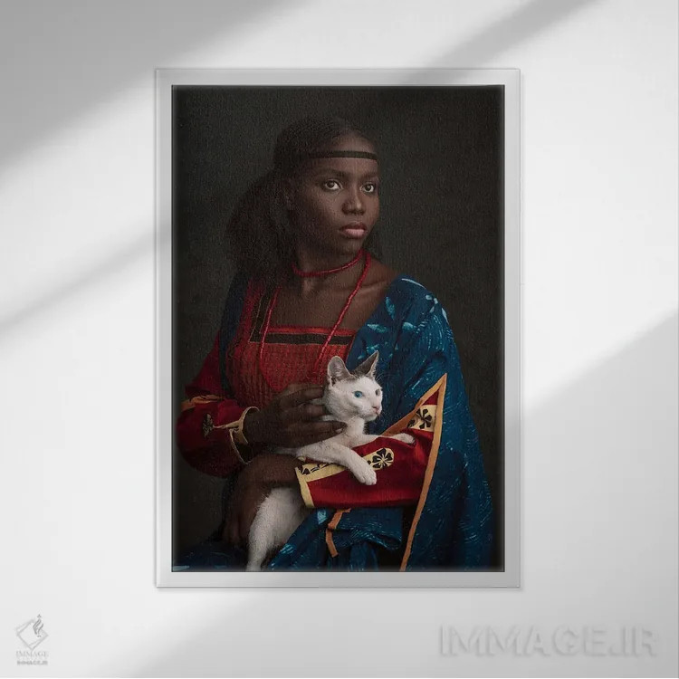 تابلو بانویی با یک گربه اثر آدنیران آدسانیا - نمای قابدار سفید