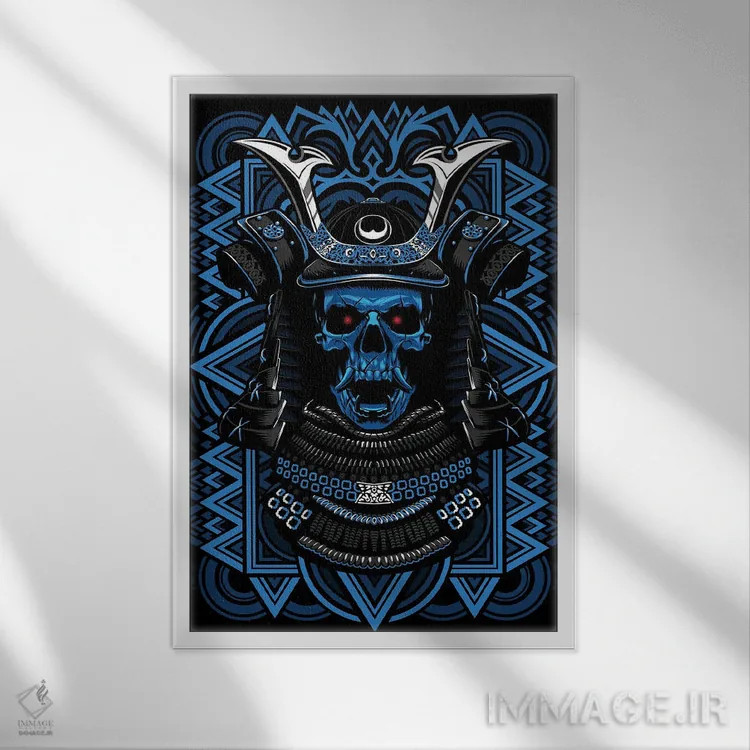 تابلو جمجمه آبی سامورایی اثر آلبرتو پرز - نمای قابدار سفید