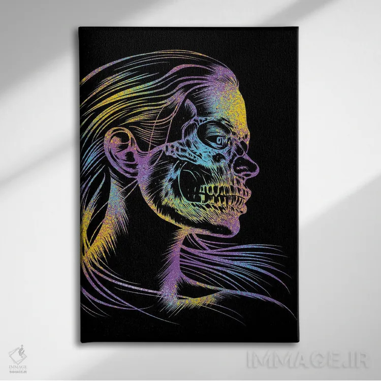 تابلو دختر جمجمهای رنگارنگ اثر آلبرتو پرز - نمای روبهرو روی دیوار