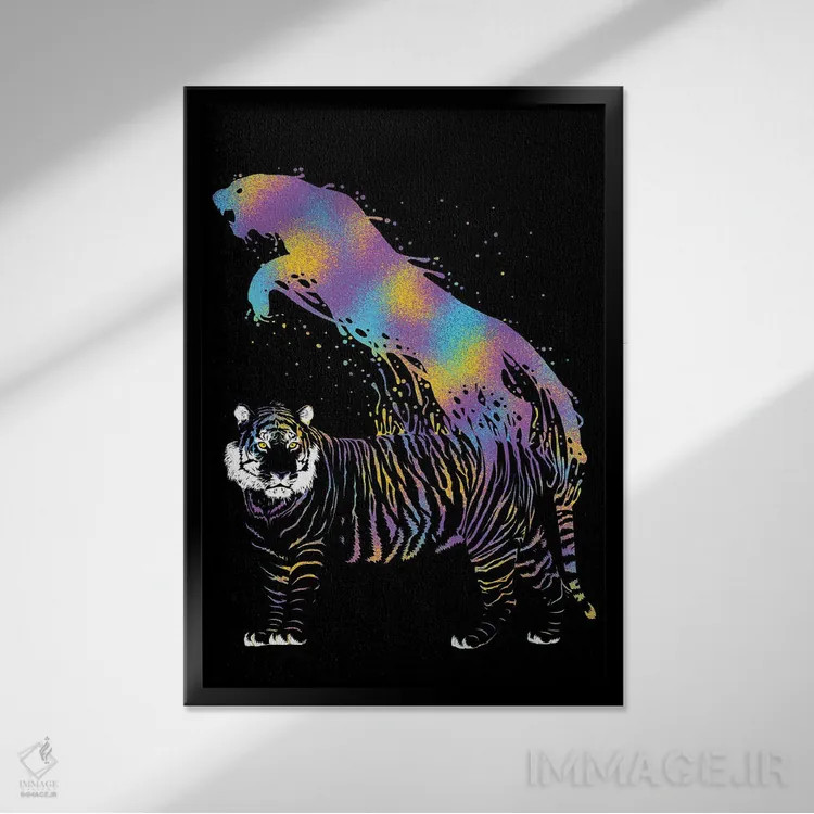 تابلو ببر جوهری رنگارنگ اثر آلبرتو پرز - نمای قابدار مشکی