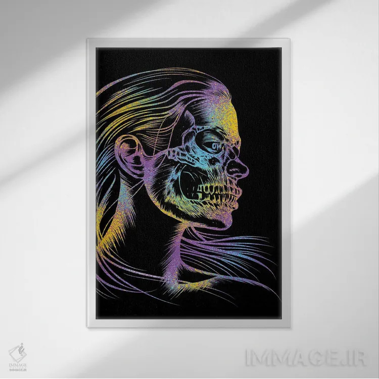 تابلو دختر جمجمهای رنگارنگ اثر آلبرتو پرز - نمای قابدار سفید