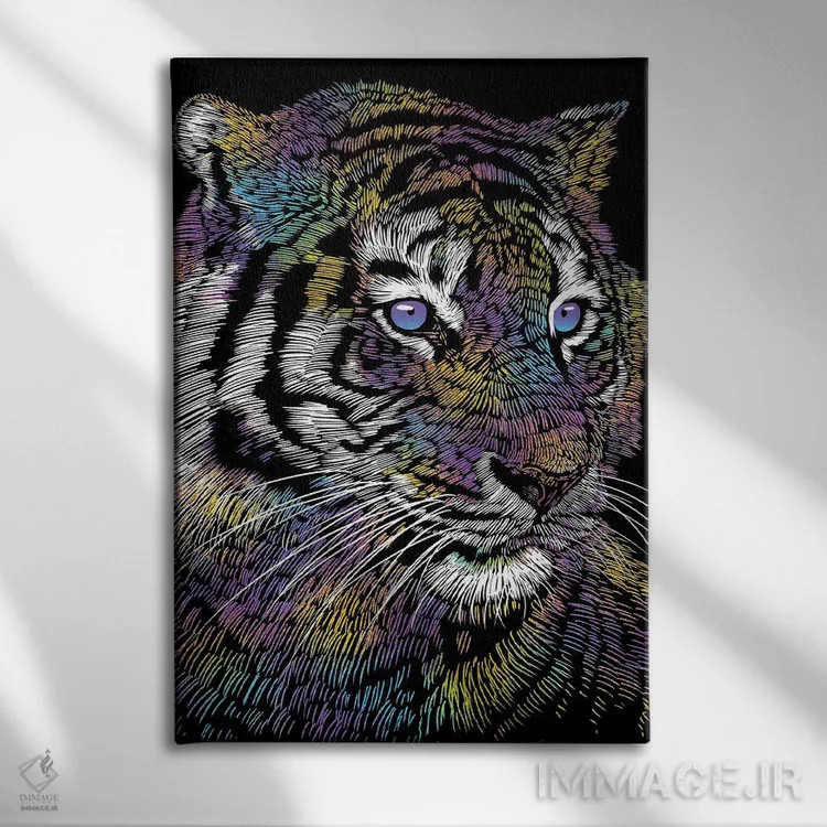 تابلو ببر رنگارنگ واقعگرایانه اثر آلبرتو پرز - نمای روبهرو روی دیوار